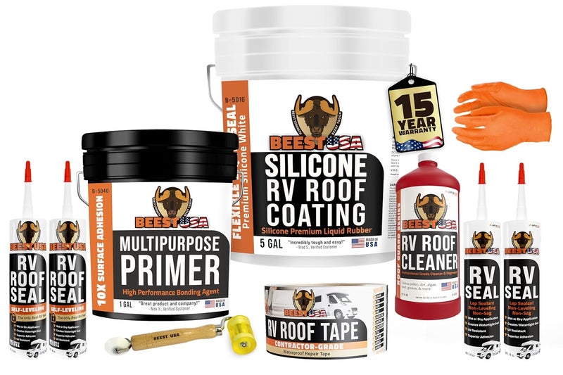 BEEST RV Roof Repair Kit Includes: Silicone Roof Coating 5G, EPDM Primer 1G, RV Cleaner 32 Oz, Non-Sag & Self-Leveling Lap Sealant, Seam Roller, Seam Tape & Gloves| Repair & Maintenance Bundle - Image 1